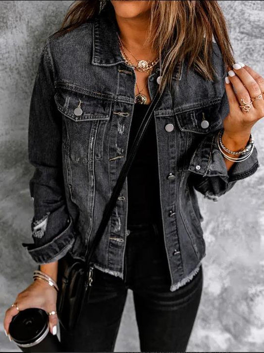 Women's Black Lapel Cardigan Denim Jacket