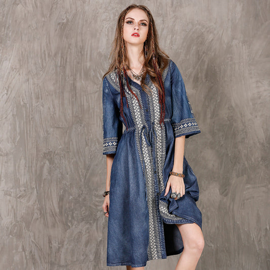 Women Western Denim Embroidery High Quality Dress