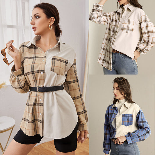 Colorblock Cardigan Plaid Women's Shirt Jacket