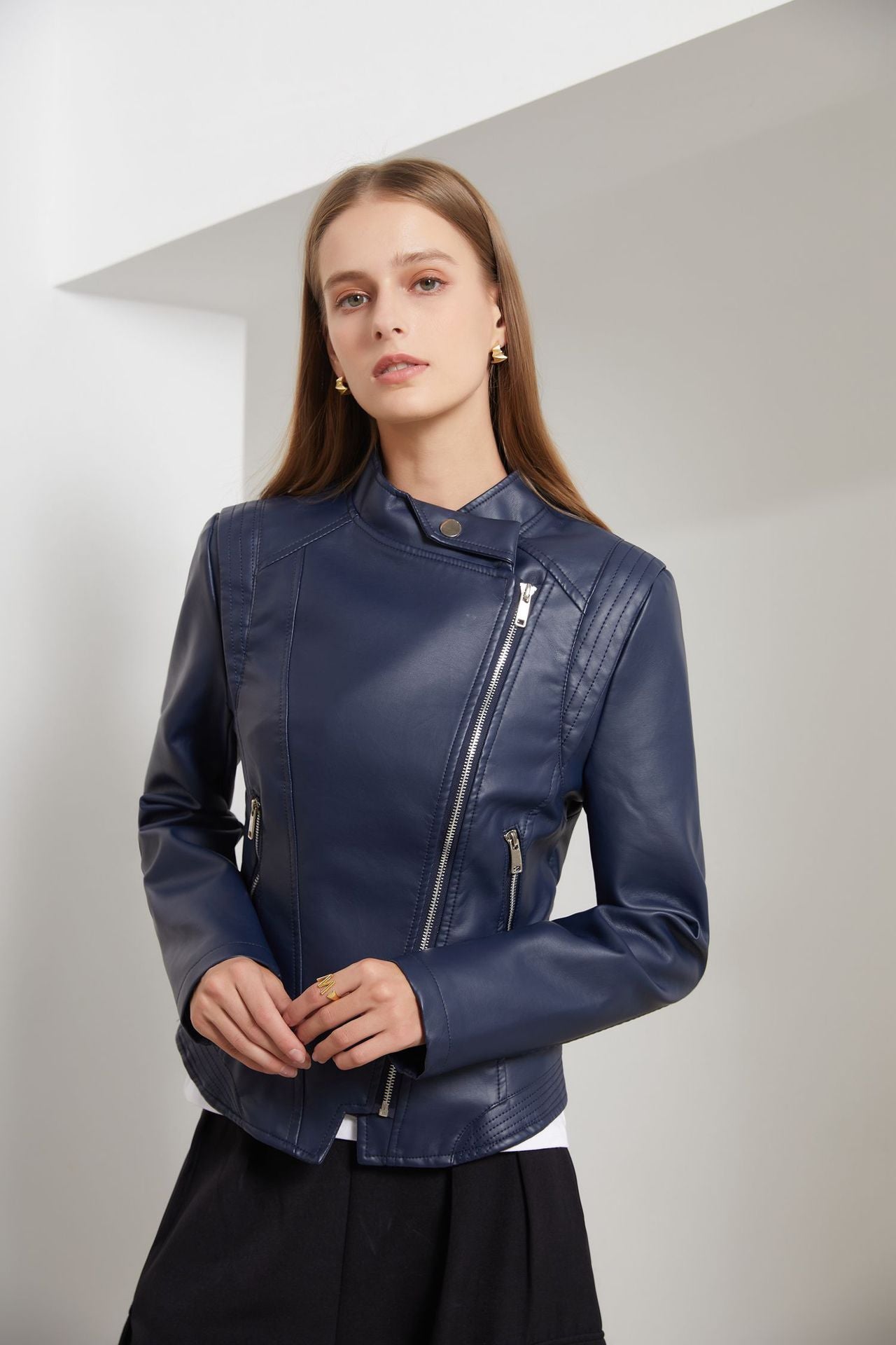 Woman Stand-collar Autumn Leather Jacket