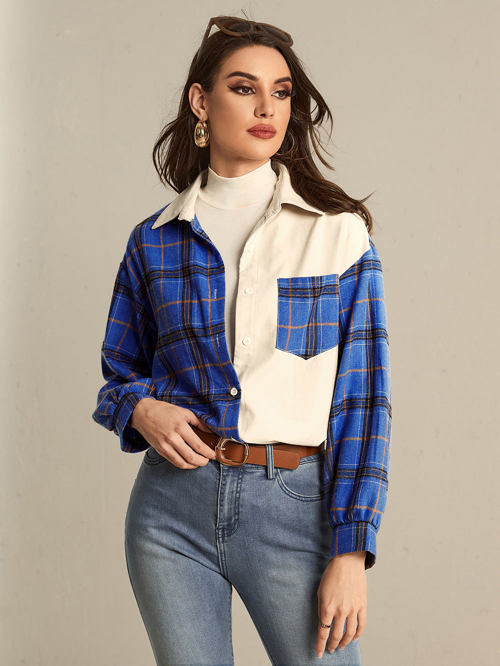 Colorblock Cardigan Plaid Women's Shirt Jacket