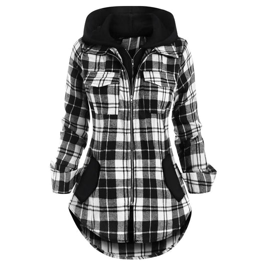 Women's Zipper Plaid Pocket Hooded Shirt Jacket Red