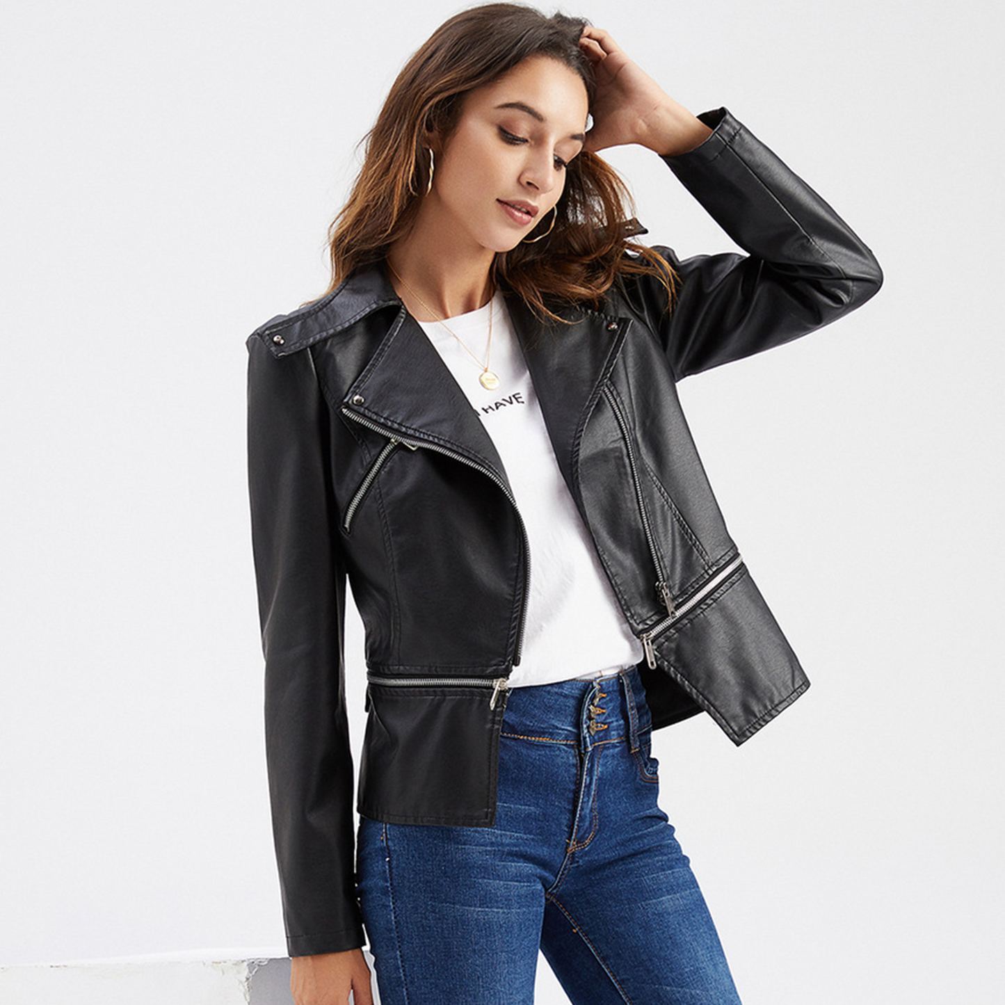 Woman Zipper Detachable Leather Jacket