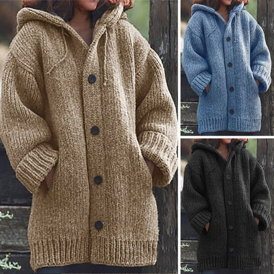 Women's Winter Warm Knitted Long-sleeved Hooded Knitted Cardigan