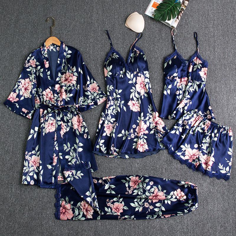 Women's Blushy Silk 5 Piece Pajama Set