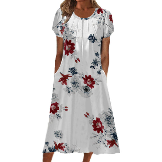 Women Printed Round Neck Short Sleeve Dress