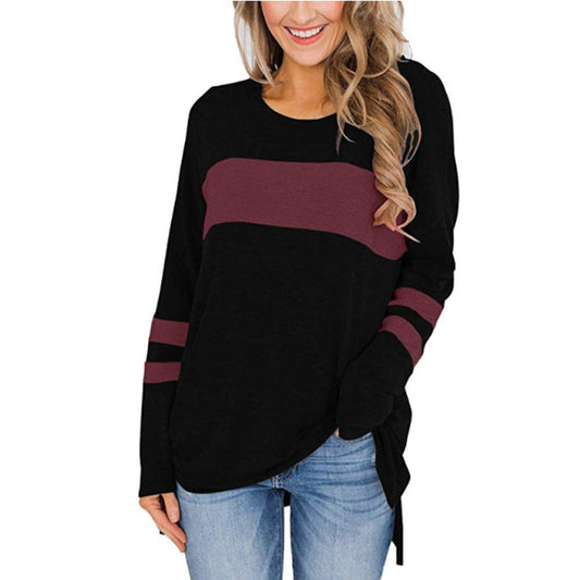 Women's Color Matching Long-sleeved Round Neck T-shirt