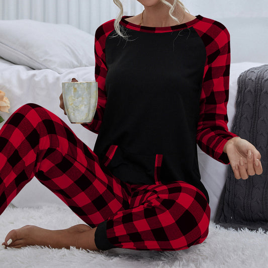 Women's Plaid Round Neck Home Casual Suit