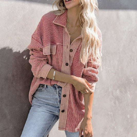 Women's Corduroy Shirt Lapel Single Row Long Sleeve Top