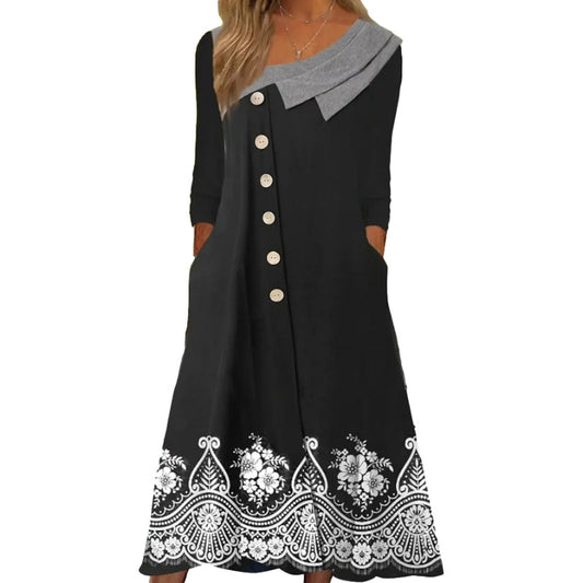 Women Pocket Button Long Sleeve Dress