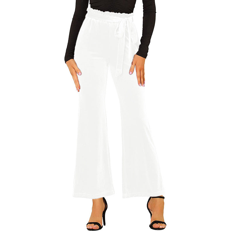 Women's Wide Leg Pants High Waist Velvet Belted Trousers