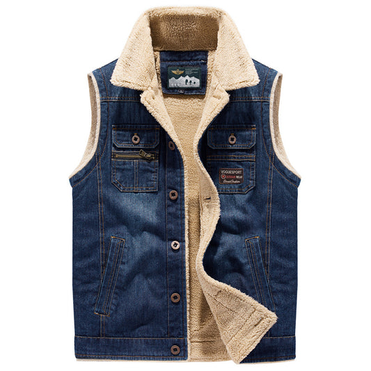 Men's Casual Fleece Denim Vest Jacket