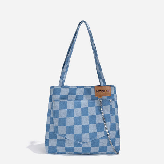 Woman Denim Plaid Large Capacity One-shoulder Handbag