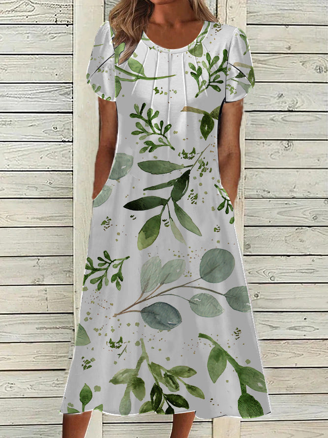 Women Printed Round Neck Short Sleeve Dress