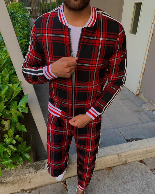 Men's 3D Plaid Casual Top Sweatshirt Pants Set