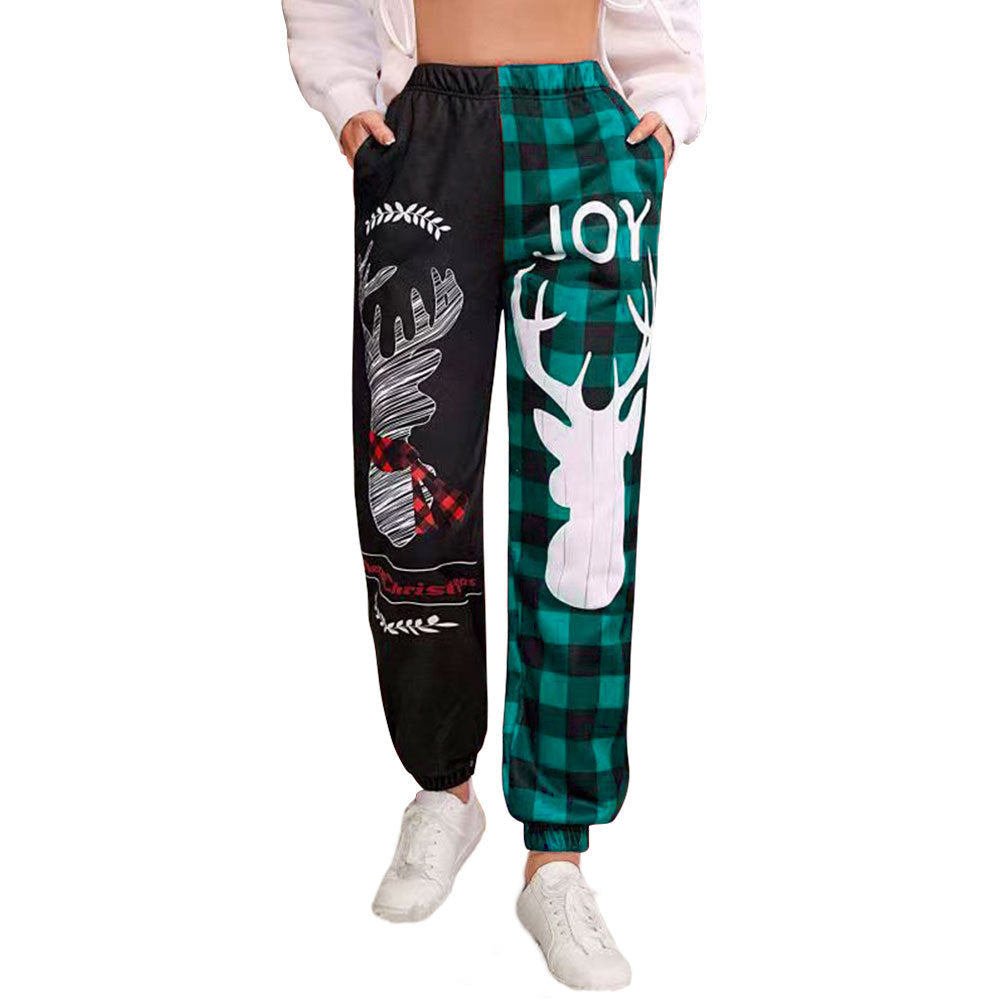 Christmas Deer Printed Pocket Color Contrast Pants