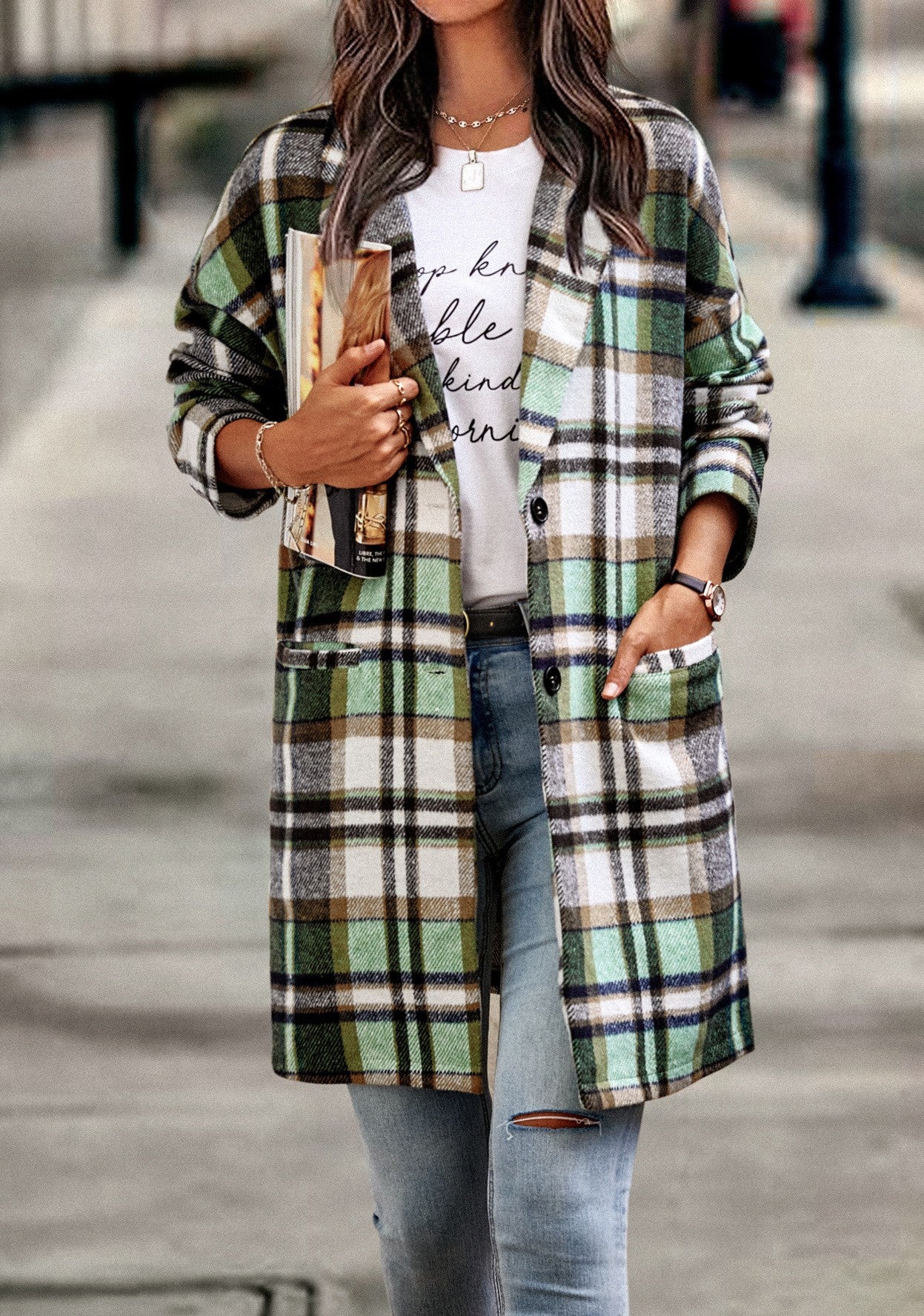 Women's Casual Plaid Cardigan Jacket