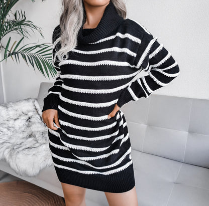 High Neck Striped Knitted Sweater Dress