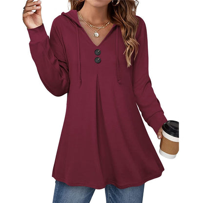 Women's V-Neck Button-Up Hoodie T-Shirt