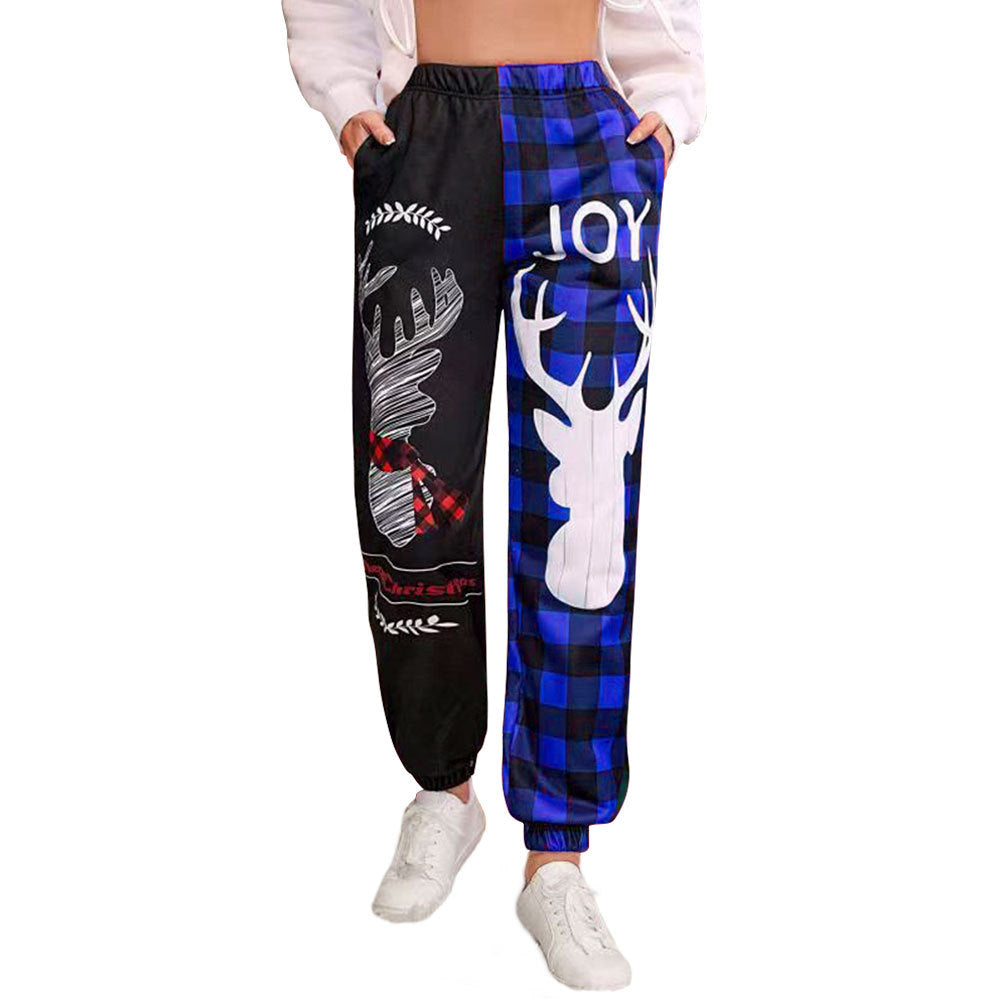 Christmas Deer Printed Pocket Color Contrast Pants