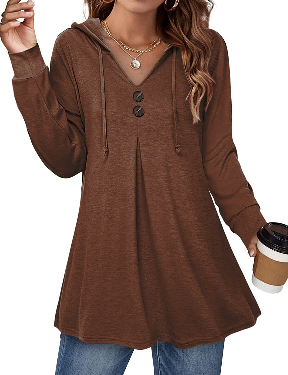 Women's V-Neck Button-Up Hoodie T-Shirt