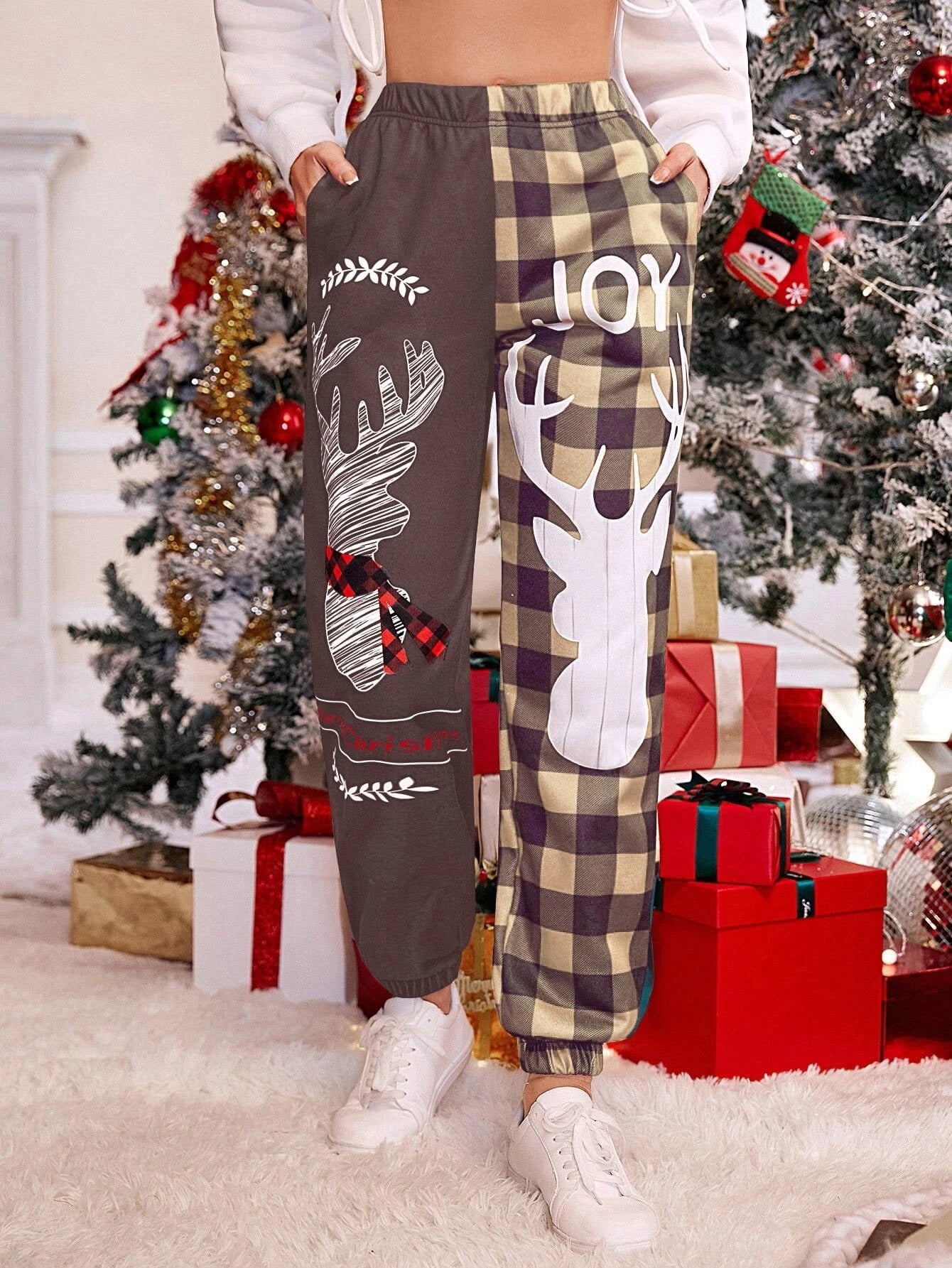 Christmas Deer Printed Pocket Color Contrast Pants