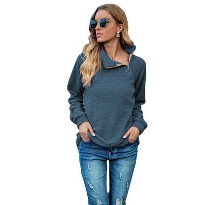 Women Zipper Loose High Neck Plush Top