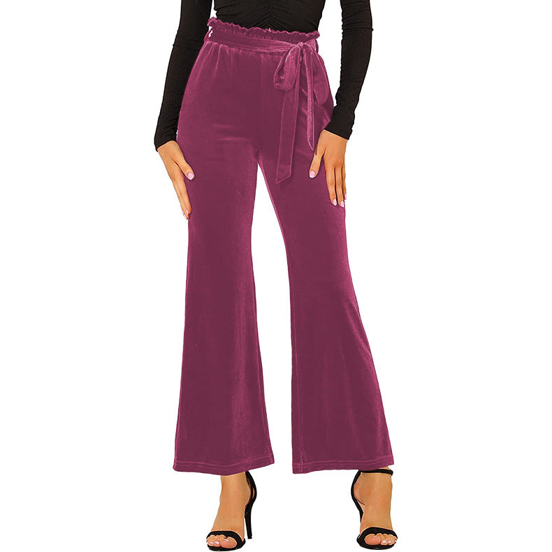 Women's Wide Leg Pants High Waist Velvet Belted Trousers