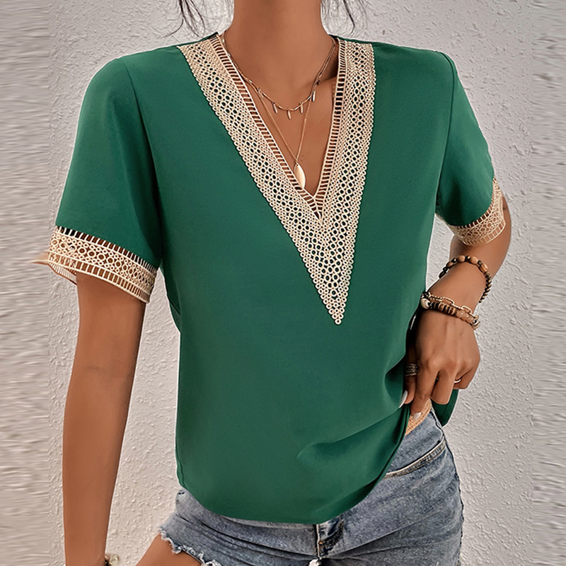 Women's V-Neck Loose Short Sleeve Blouses