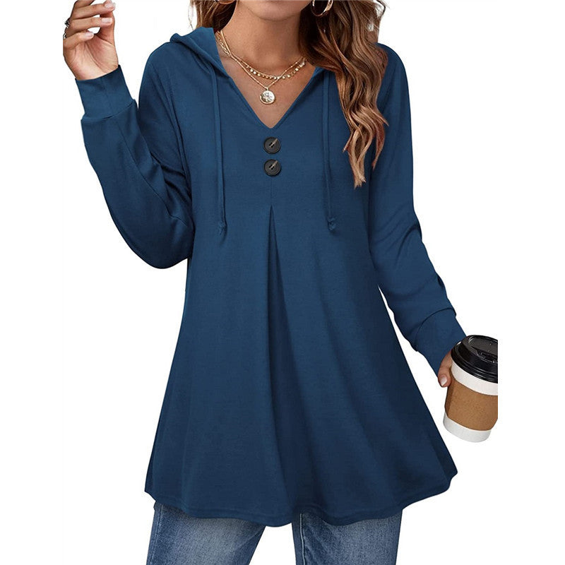 Women's V-Neck Button-Up Hoodie T-Shirt