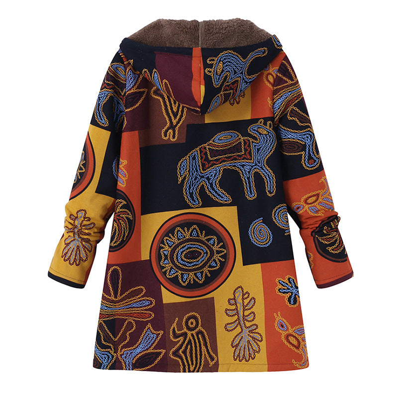 Woman Plush Thick Ethnic Style Hooded Jacket