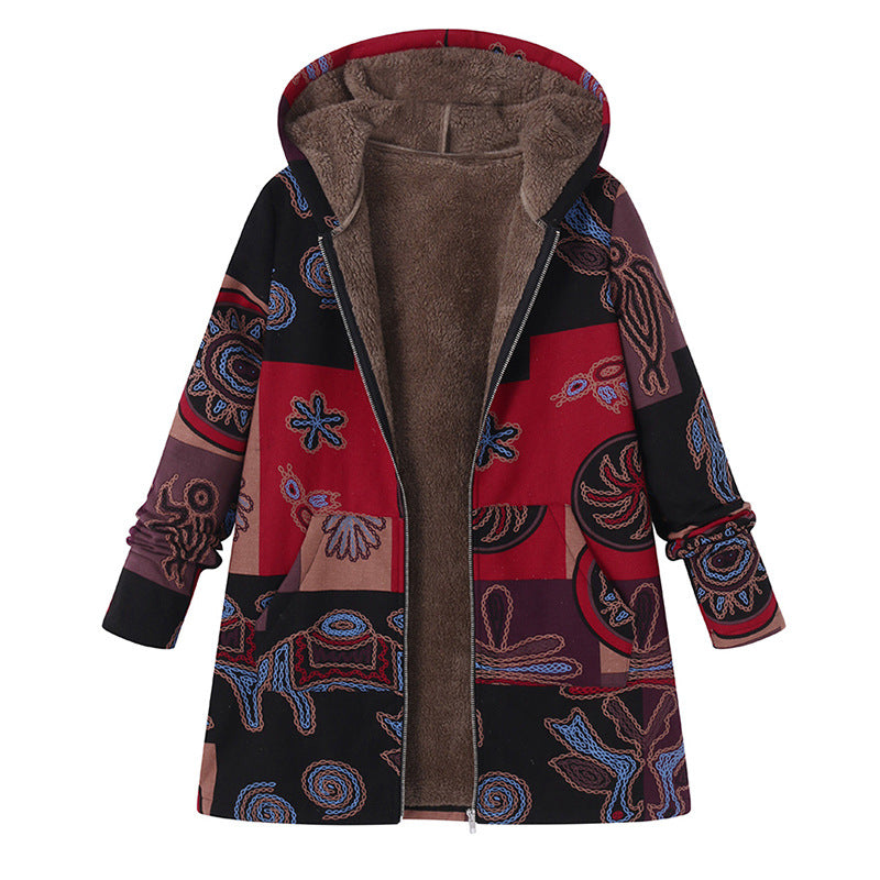 Woman Plush Thick Ethnic Style Hooded Jacket