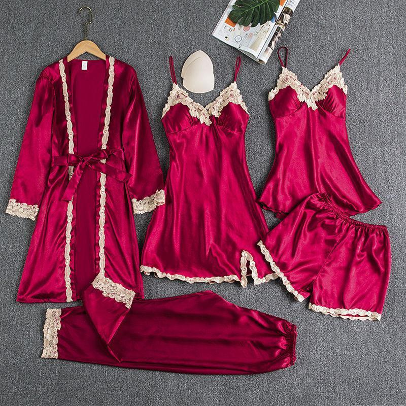 Women's Blushy Silk 5 Piece Pajama Set